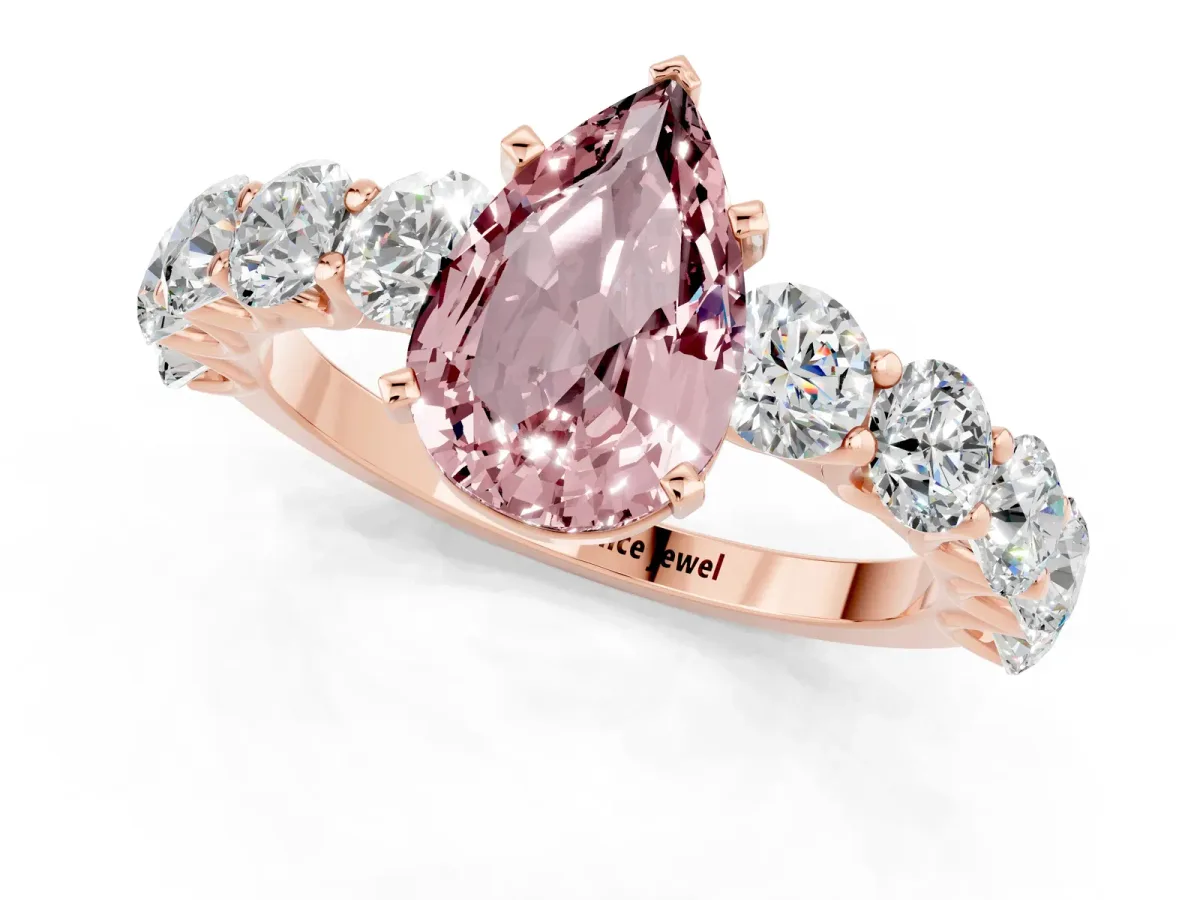 Pear Cut Morganite Prong Setting with Side Stones on a Pave Band Rose gold