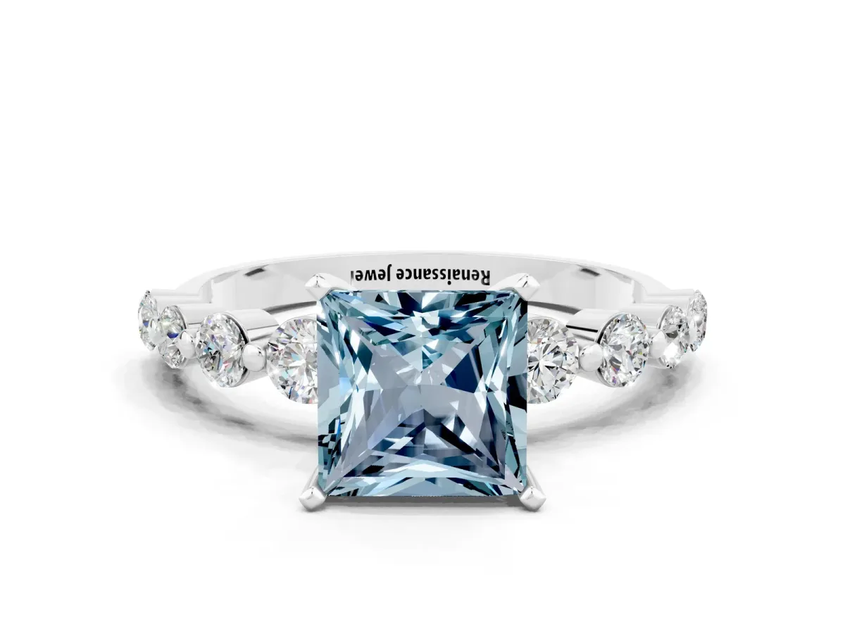Princess Cut Solitaire Aquamarine Ring with Pave Band and Four-Prong Setting Silver