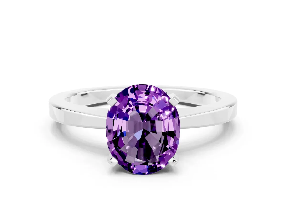 Oval Cut Amethyst Solitaire Engagement Ring with Classic Band and Four-Prong Setting Silver