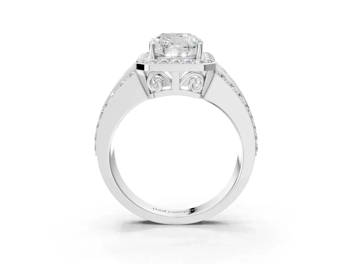 Cushion Cut Halo Diamond Ring with Round Moissanite Split Shank and Prong Setting Silver