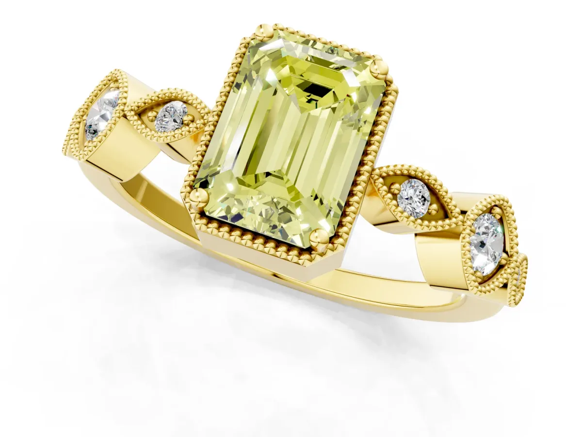 Fancy Yellow Emerald Cut Diamond Vintage Milgrain Ring with Round Stations Yellow gold