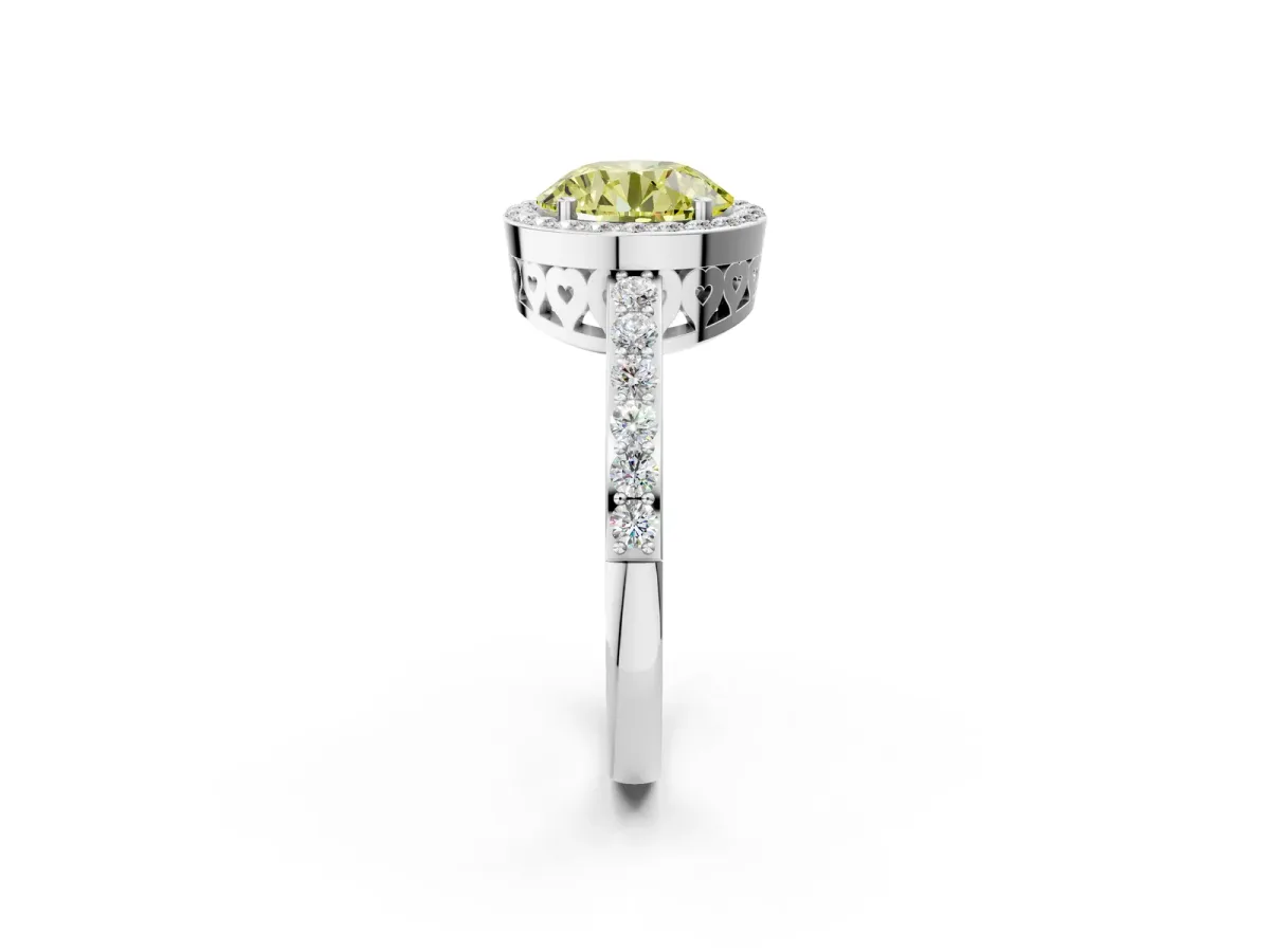 Fancy Yellow Round Cut Halo Diamond Pavé Band Ring with Prong Setting Platinum