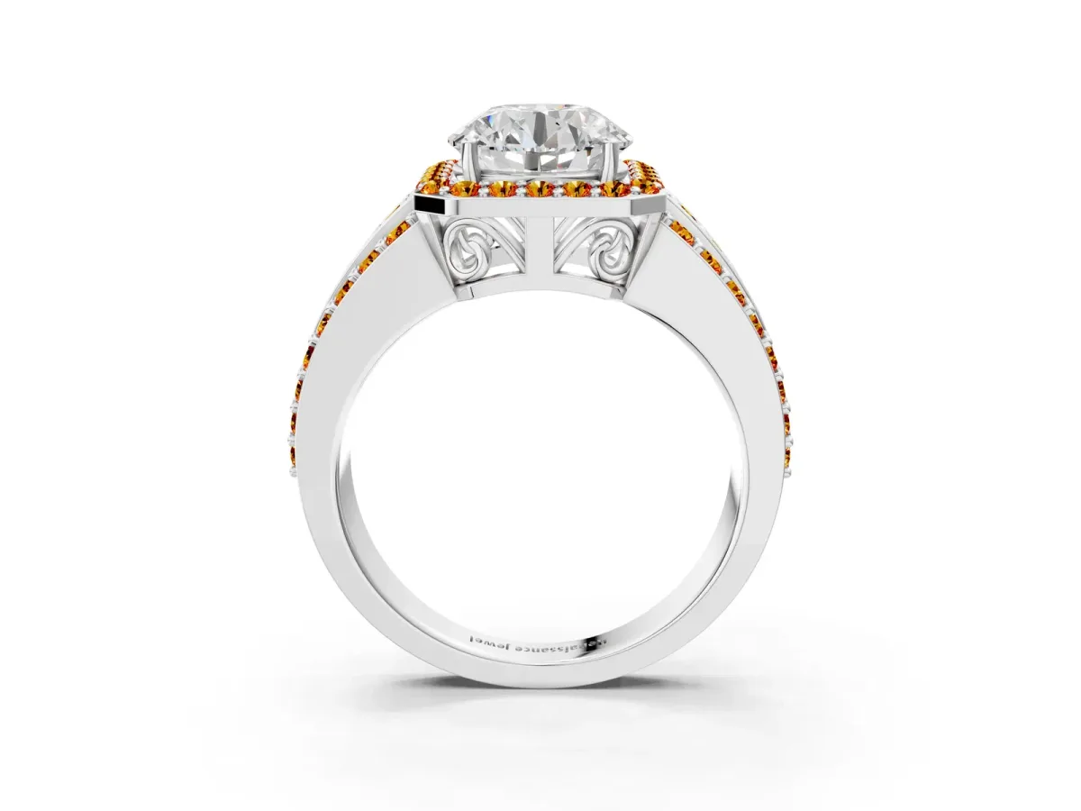 Round Cut Halo Diamond Ring with Round Citrine Split Shank and Prong Setting Platinum
