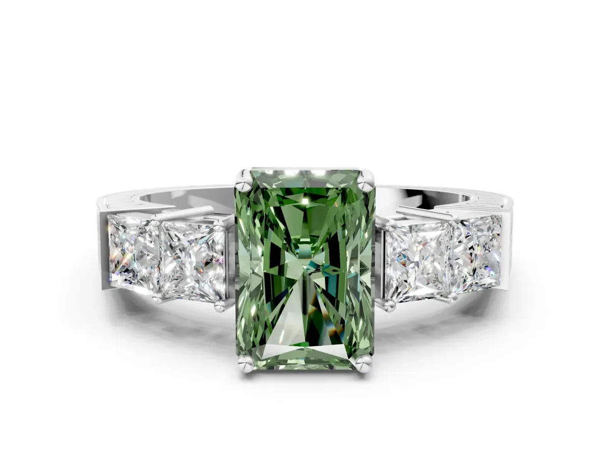 Fancy Green Radiant Cut Solitaire Princess Side Stone Engraved Band Prong Setting Ring Silver