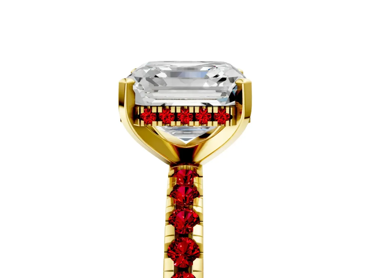 Asscher Cut Diamond Solitaire Ring with Round Ruby Pavé Band and Four-Prong Setting Yellow gold