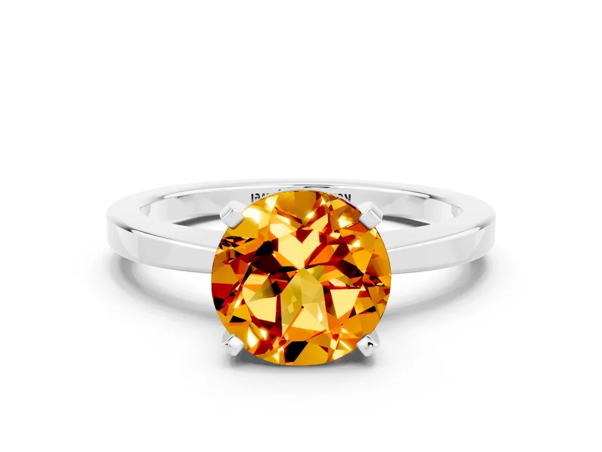 Round Cut Citrine Solitaire Engagement Ring with Classic Band and Four-Prong Setting Silver