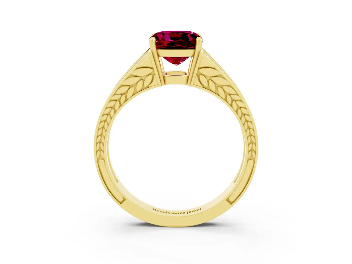 Cushion Cut Garnet Split Shank Ring with Pavé Band and Four-Prong Setting Yellow gold