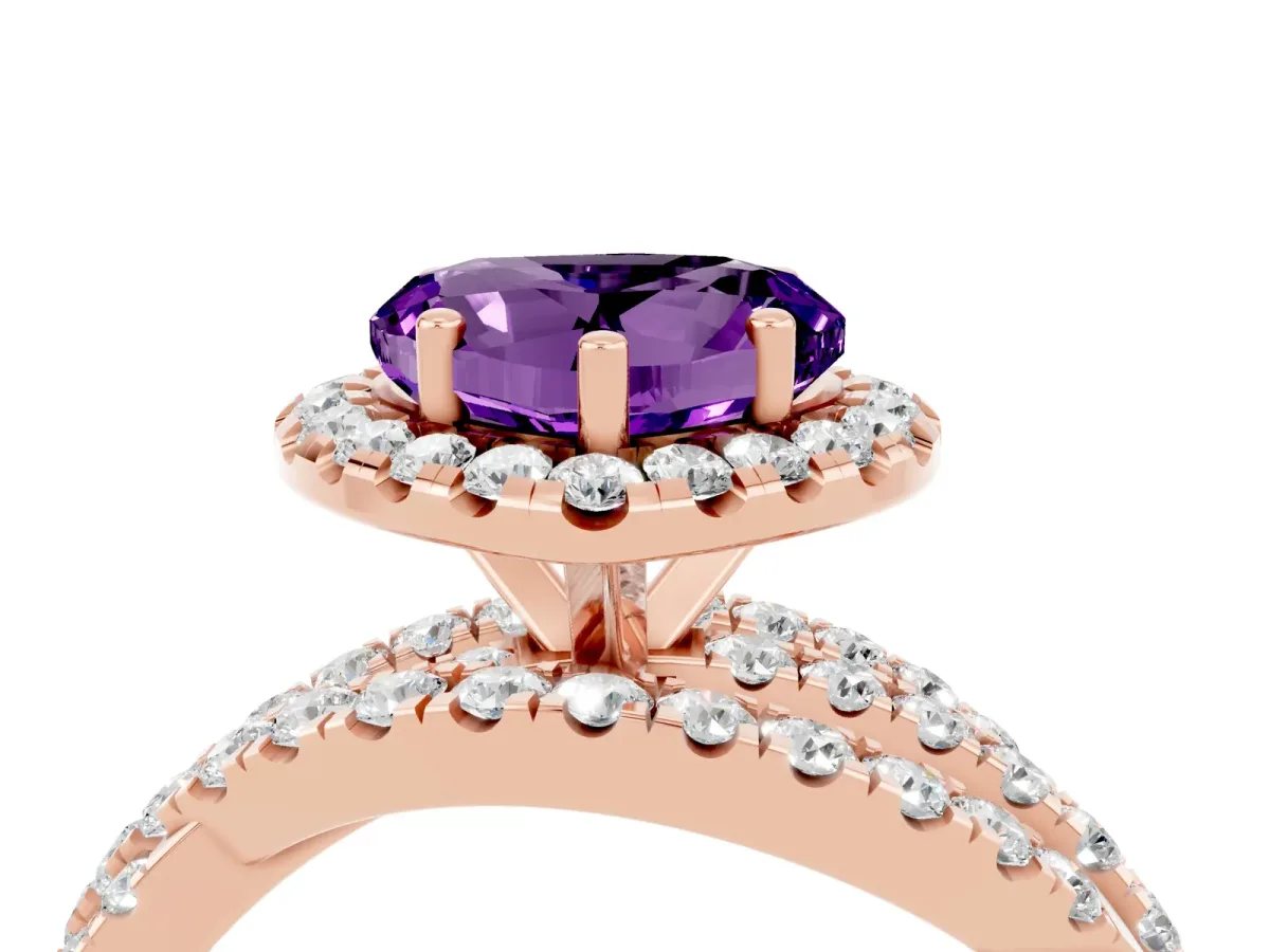 Heart Cut Amethyst Halo Ring with Round Split Shank and Prong Setting Rose gold