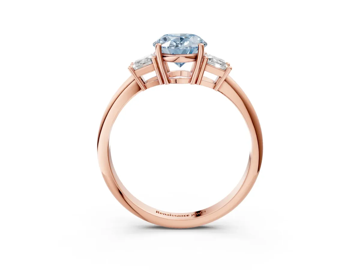 Fancy Blue Oval Cut Diamond Three-Stone Ring with Trapezoid Side Stones and Prong Setting Rose gold