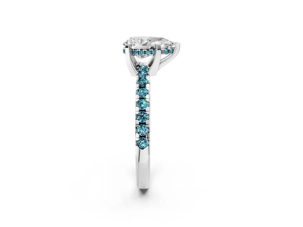 Pear Cut Diamond Solitaire Ring with Round Blue Topaz Pavé Band and Four-Prong Setting Silver