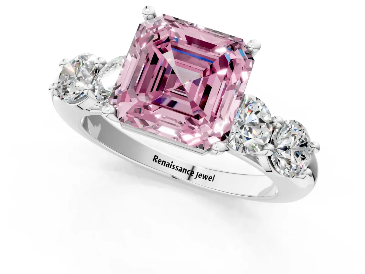Fancy Pink Asscher Cut Cut Five-Stone Prong Set Diamond Ring with Classic Band Platinum