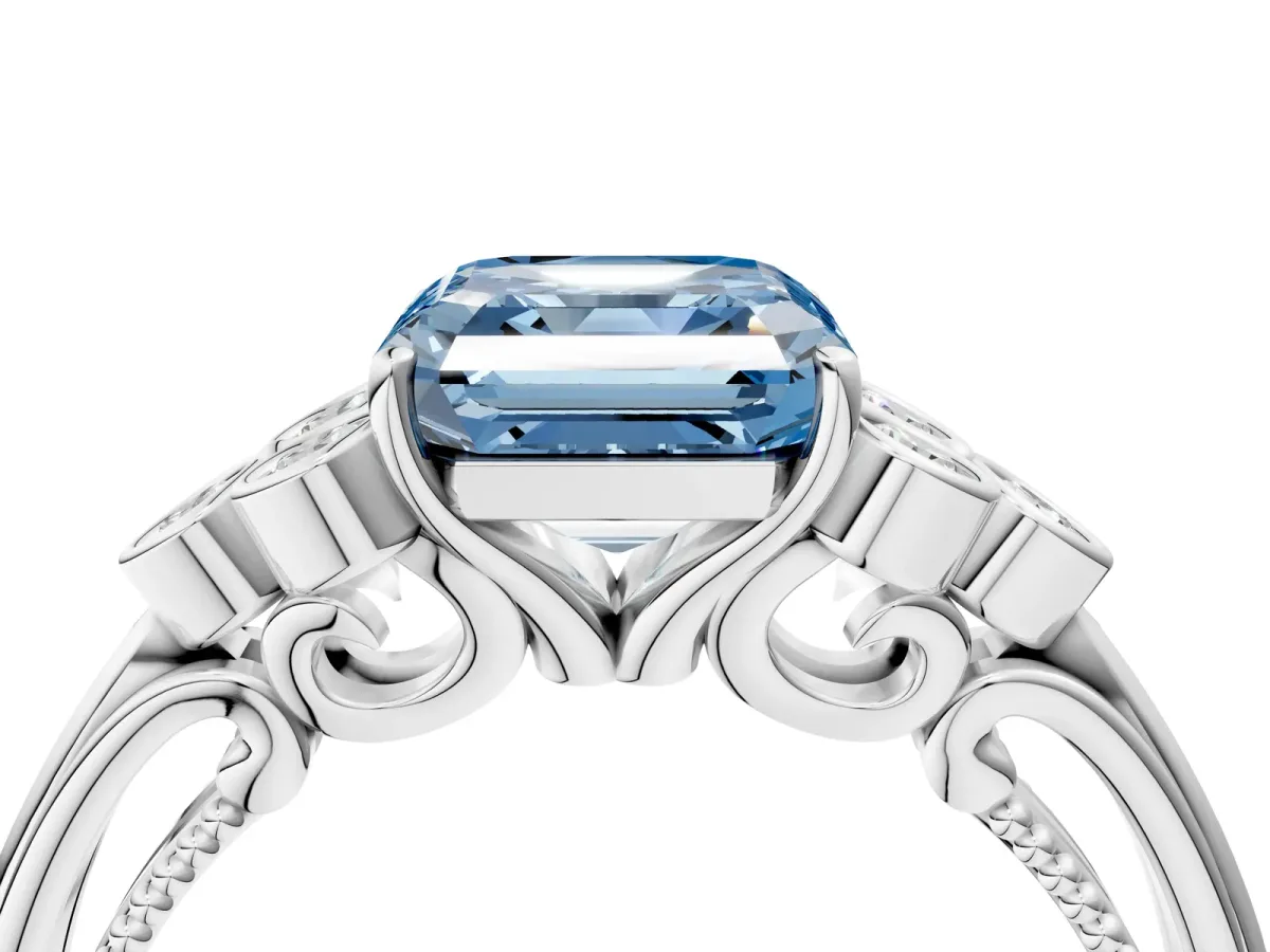 Fancy Blue Asscher Cut Cut Diamond Engagement Ring with Bezel Set Round Side Stones and Prong Setting Platinum