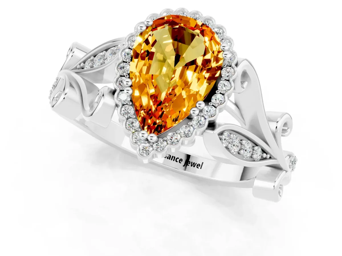 Pear Cut Citrine Halo Ring with Vintage Split Shank and Four-Prong Setting Platinum