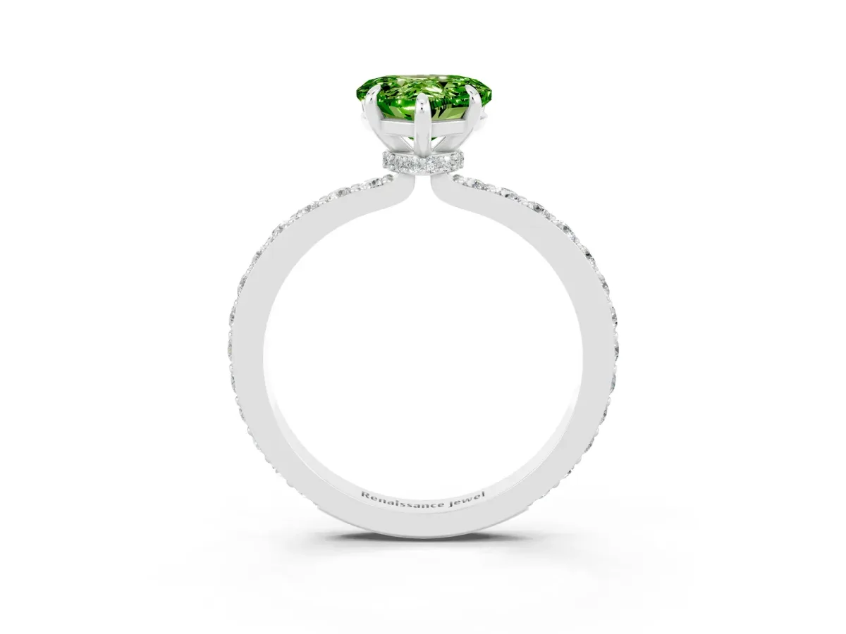 Heart Cut Peridot Solitaire Engagement Ring with Pavé Band and Four-Prong Setting Silver