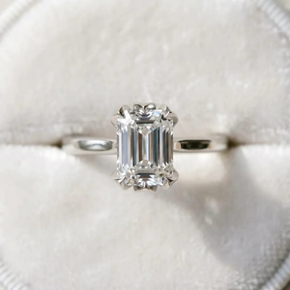 Emerald Cut Diamond Solitaire Ring with Flower Prong Setting and Classic Band Silver