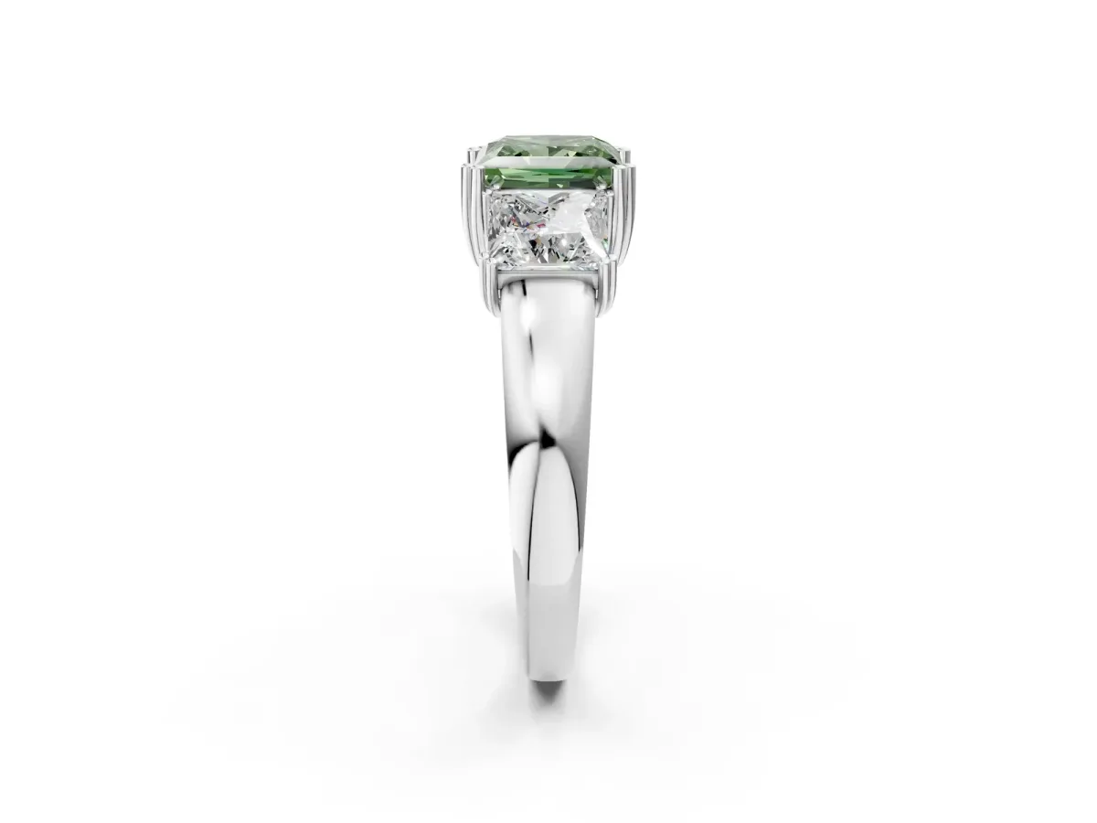 Fancy Green Three-Stone Princess Cut Cut Diamond Ring with Channel Set Band and Four-Prong Setting Silver