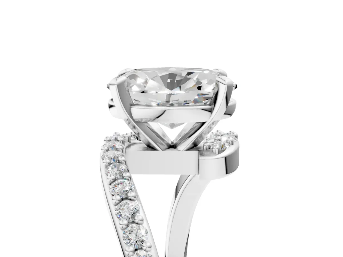 Oval Cut Solitaire Twist Band with Pave Set Diamonds and Four-Prong Setting Platinum