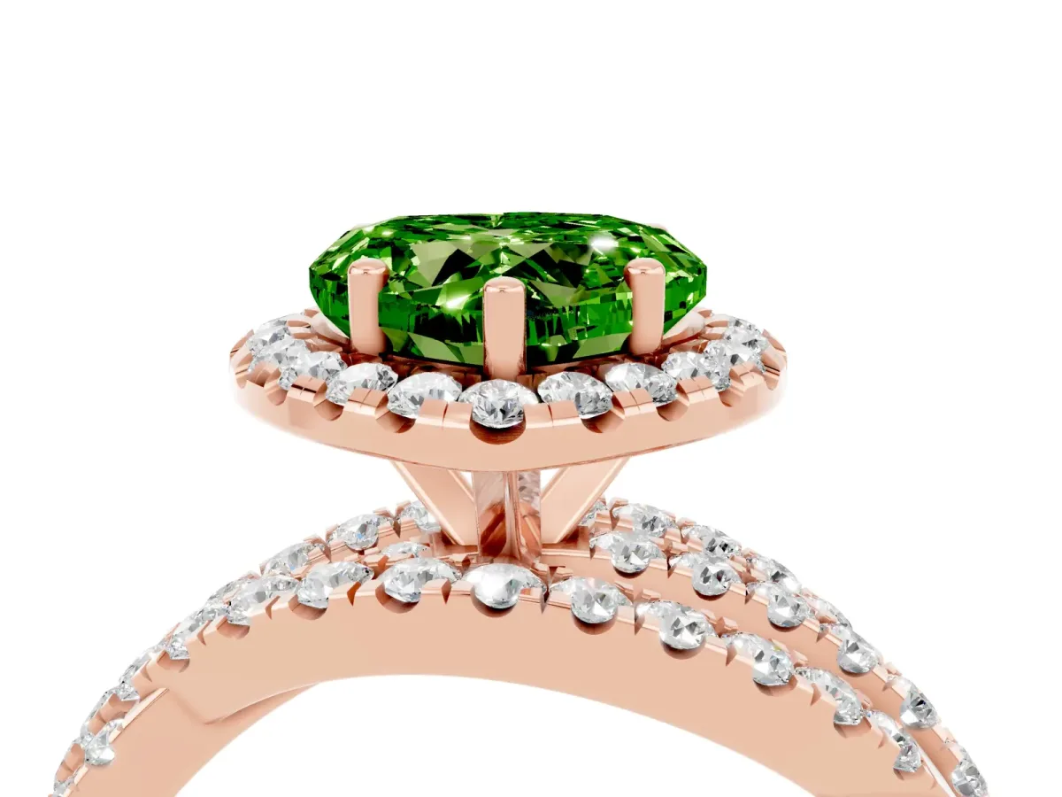 Heart Cut Peridot Halo Ring with Round Split Shank and Prong Setting Rose gold