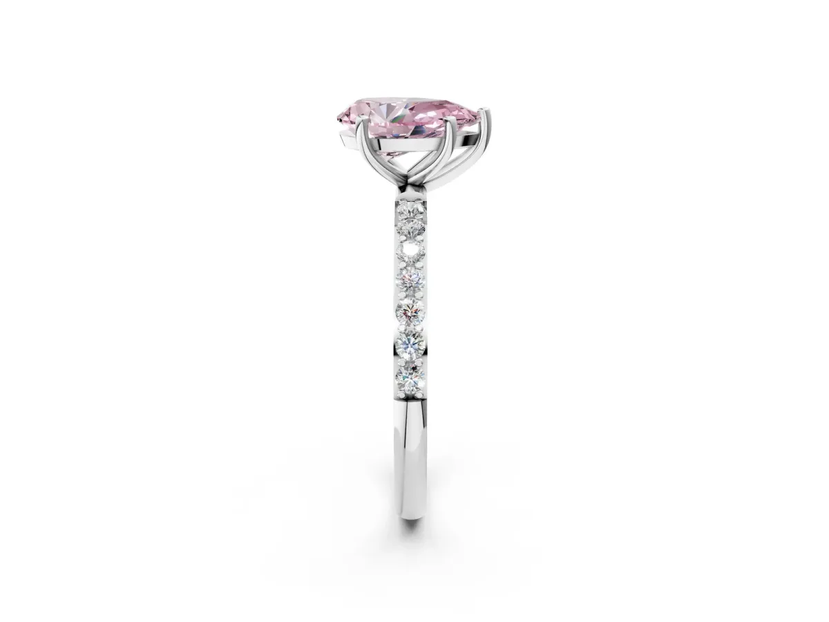 Fancy Pink Pear Cut Diamond Solitaire Ring with Round Pavé Shoulders and Prong Setting White gold