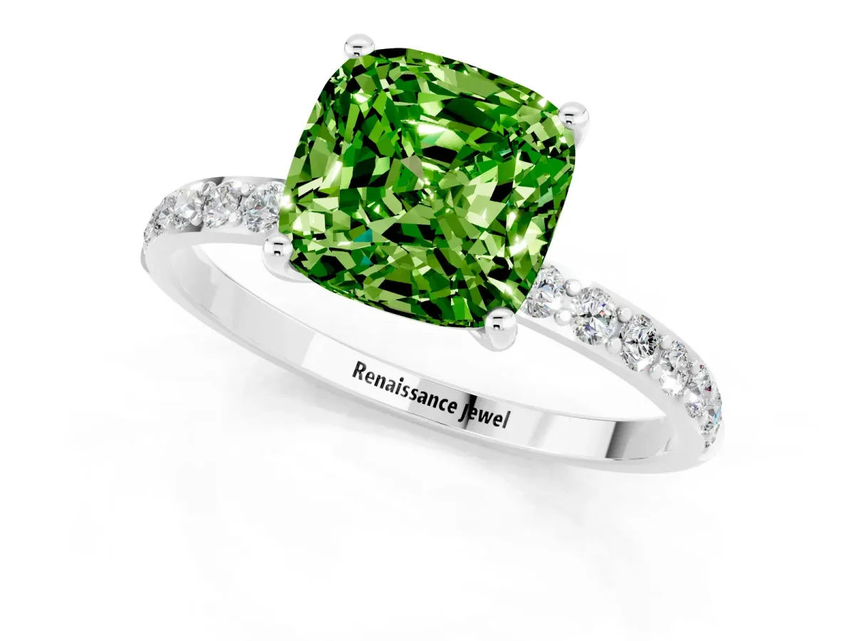 Cushion Cut Peridot Solitaire Ring with Round Pavé Band and Prong Setting Silver