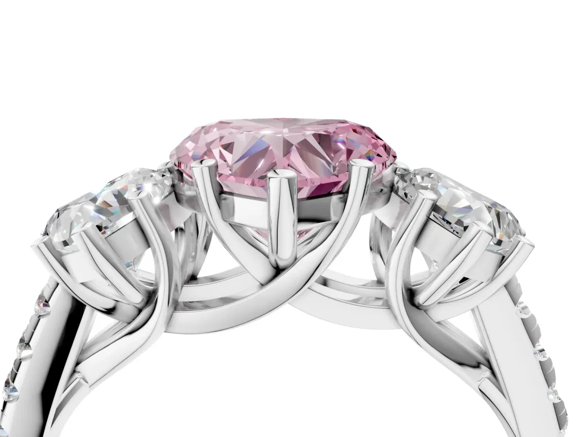 Fancy Pink Three-Stone Heart Cut Diamond Ring with Round Pavé Band and Prong Setting Silver