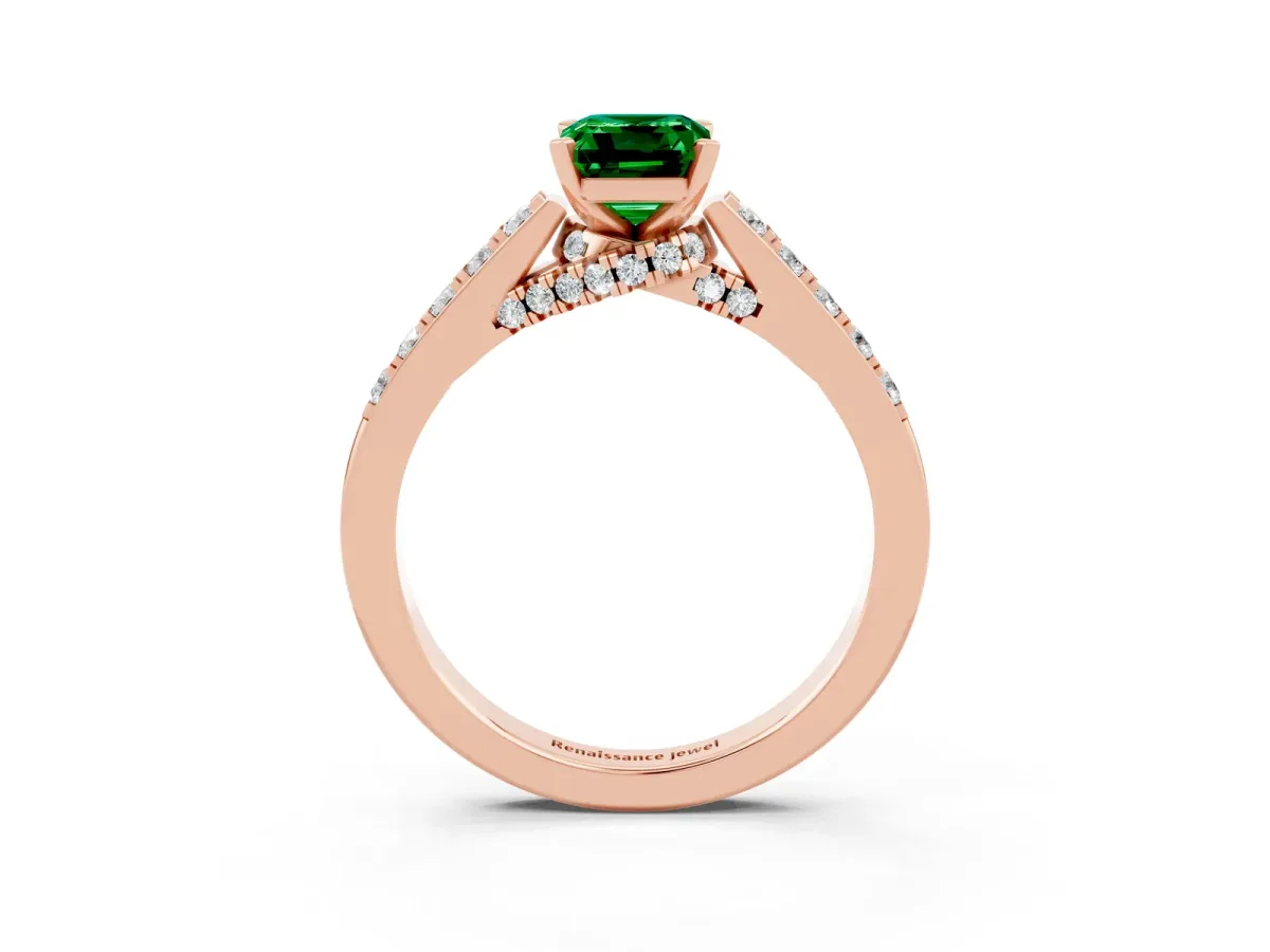 Emerald Cut Emerald Solitaire Ring with Crossover Gallery and Round Pavé Band Rose gold