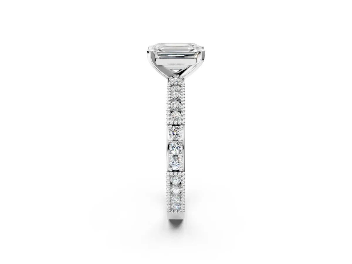 Emerald Cut Solitaire with Pavé Band and Four-Prong Setting White gold