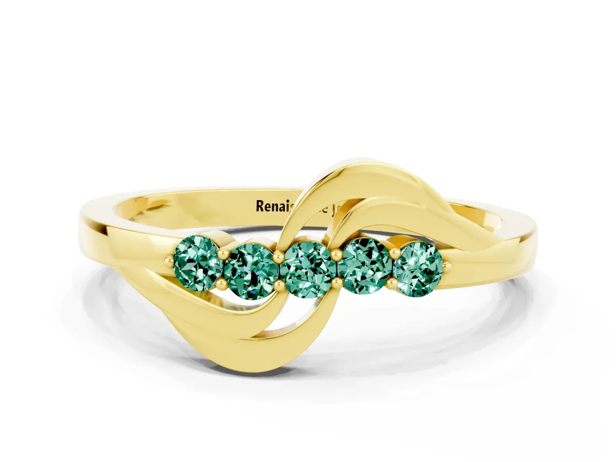 Five-Stone Round Green Sapphire Crossover Band with Prong Setting Yellow gold