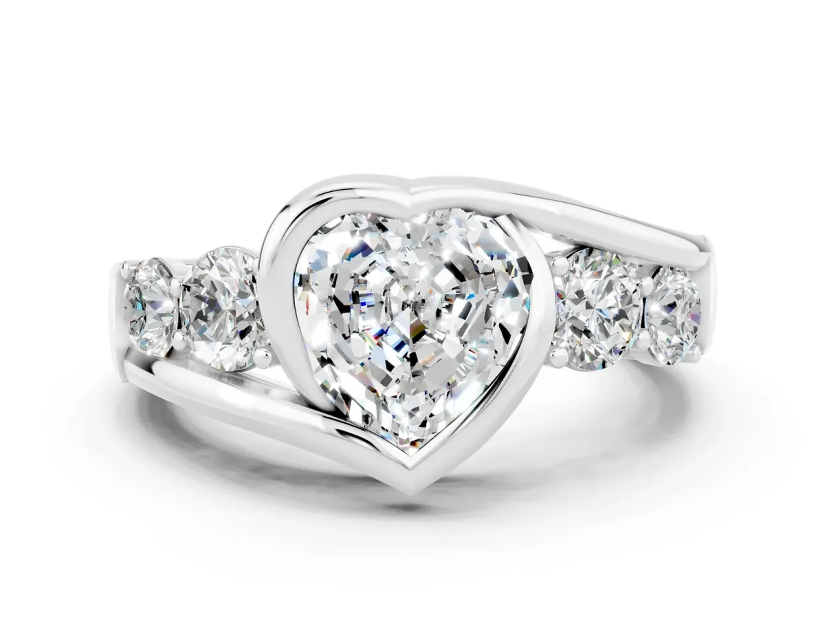 Bezel Set Heart Cut Moissanite Bypass Ring with Round Accents Silver