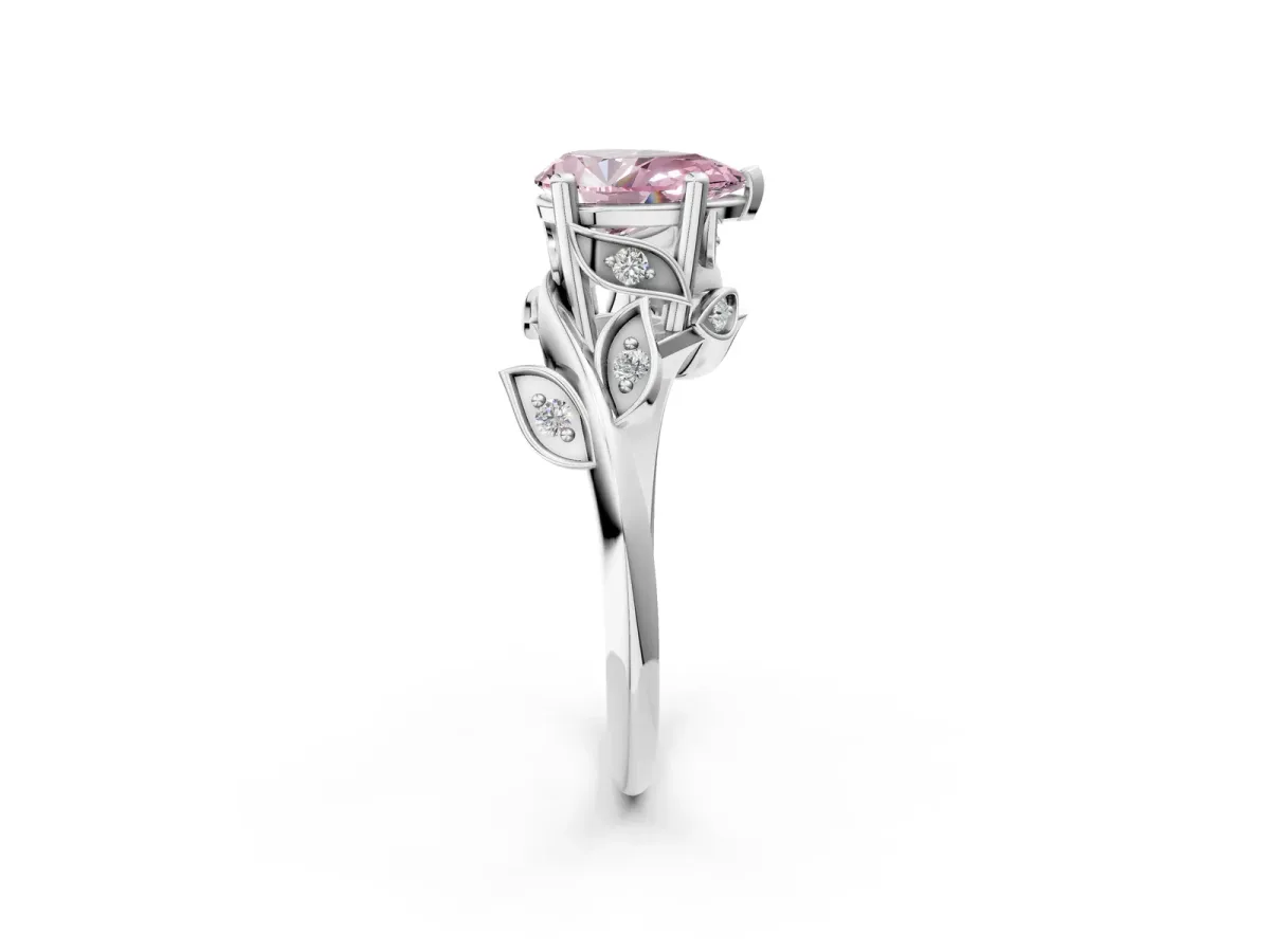 Fancy Pink Pear Cut Solitaire Twist Engagement Ring with Leaf Accents and Prong Setting Platinum