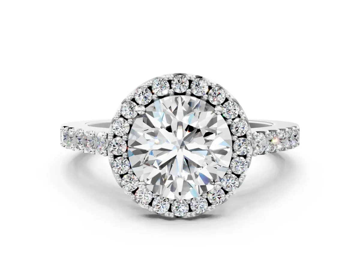 Round Cut Halo Diamond Pavé Solitaire Ring Platinum