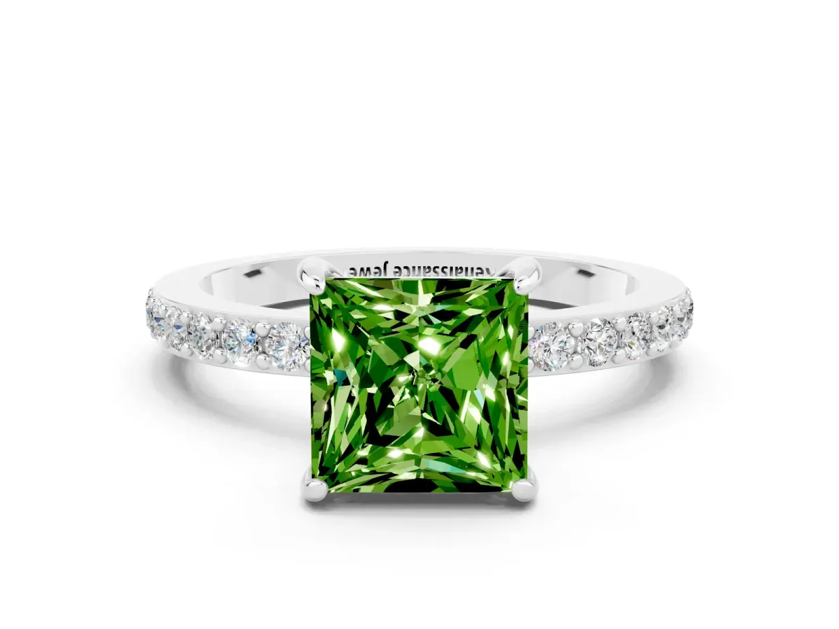 Princess Cut Peridot Solitaire Engagement Ring with Pavé Band and Four-Prong Setting Silver
