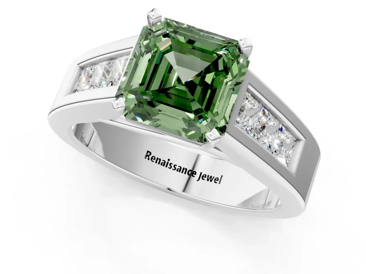 Fancy Green Asscher Cut Cut Channel Set Solitaire Ring with Four-Prong Setting Silver