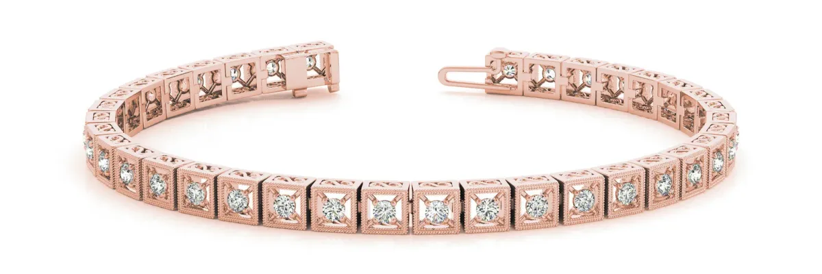 Milgrain Square Link Bracelet with Round Cut Diamonds in Bezel Setting Rose gold