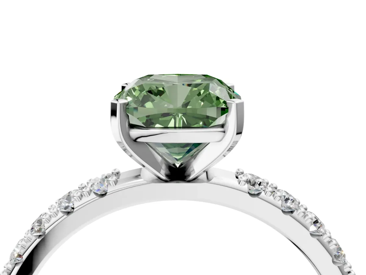 Fancy Green Cushion Cut Diamond Solitaire Pavé Band with Four-Prong Setting Silver