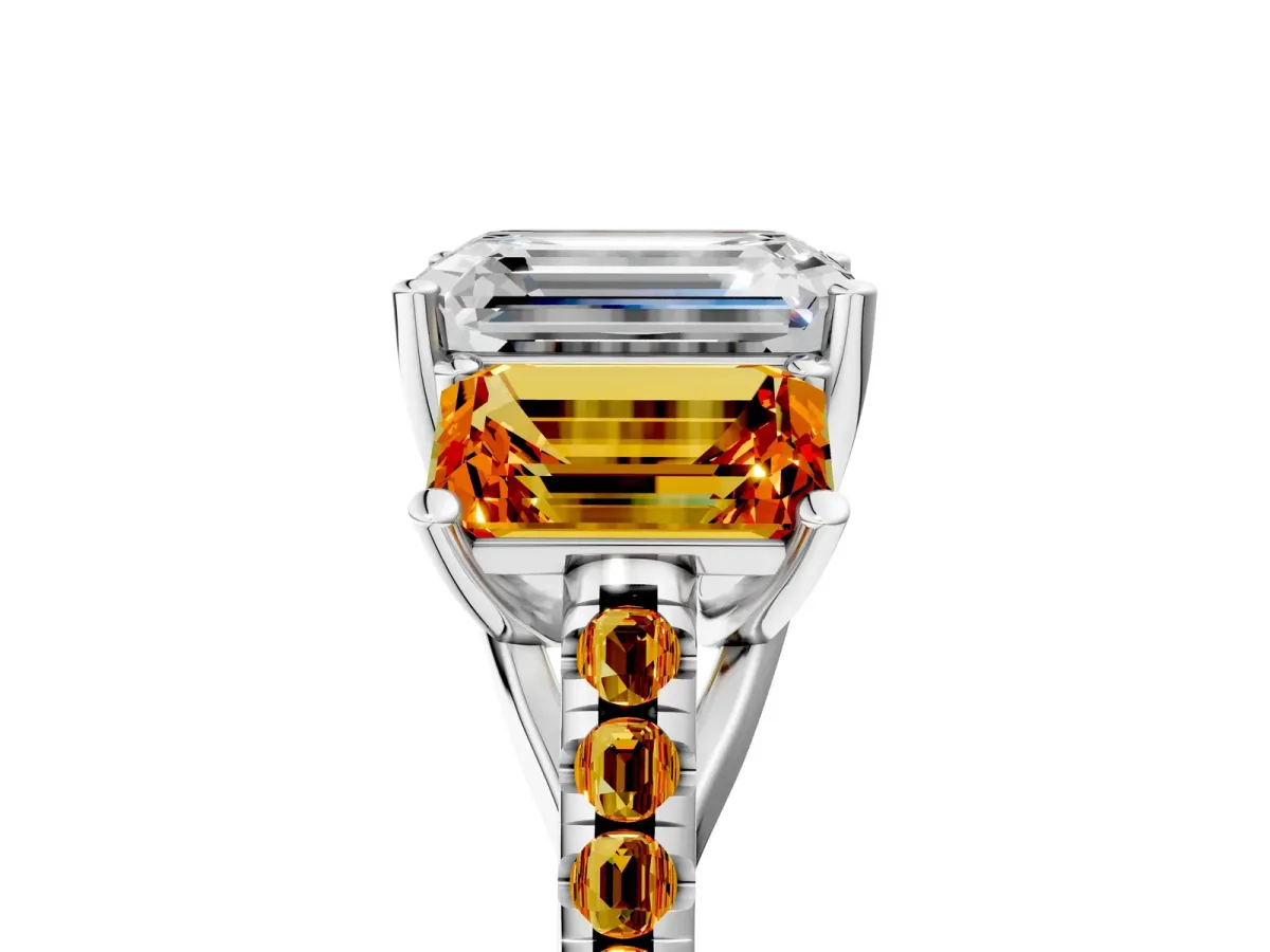 Three-Stone Emerald Cut Diamond Ring with Round Citrine Pavé Band and Prong Setting Platinum