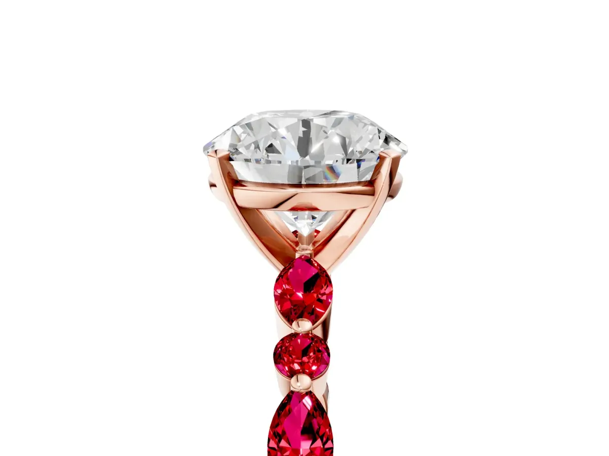 Round Cut Diamond Ring with Marquise and Round Ruby Side Stones and Four-Prong Setting Rose gold