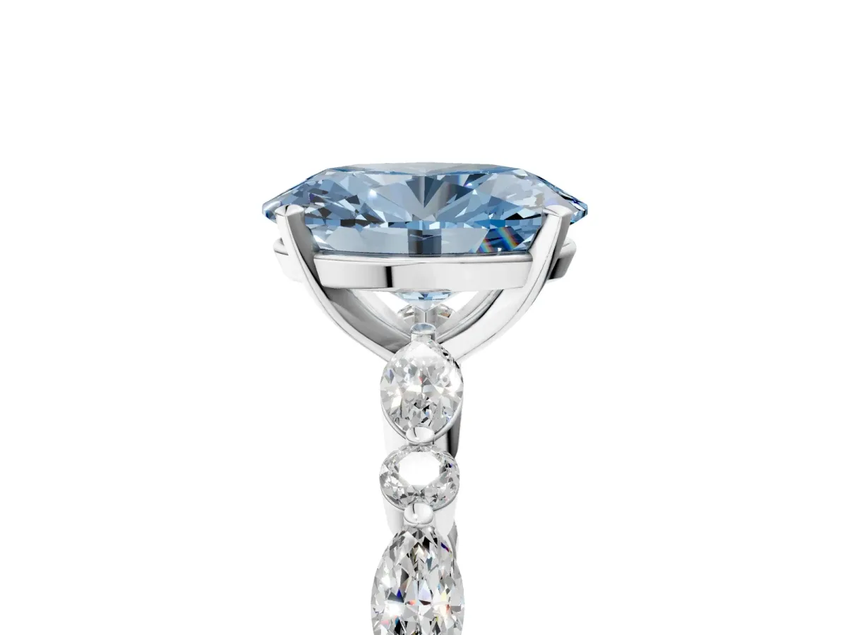 Fancy Blue Oval Cut Diamond Ring with Marquise and Round Side Stones and Four-Prong Setting Silver