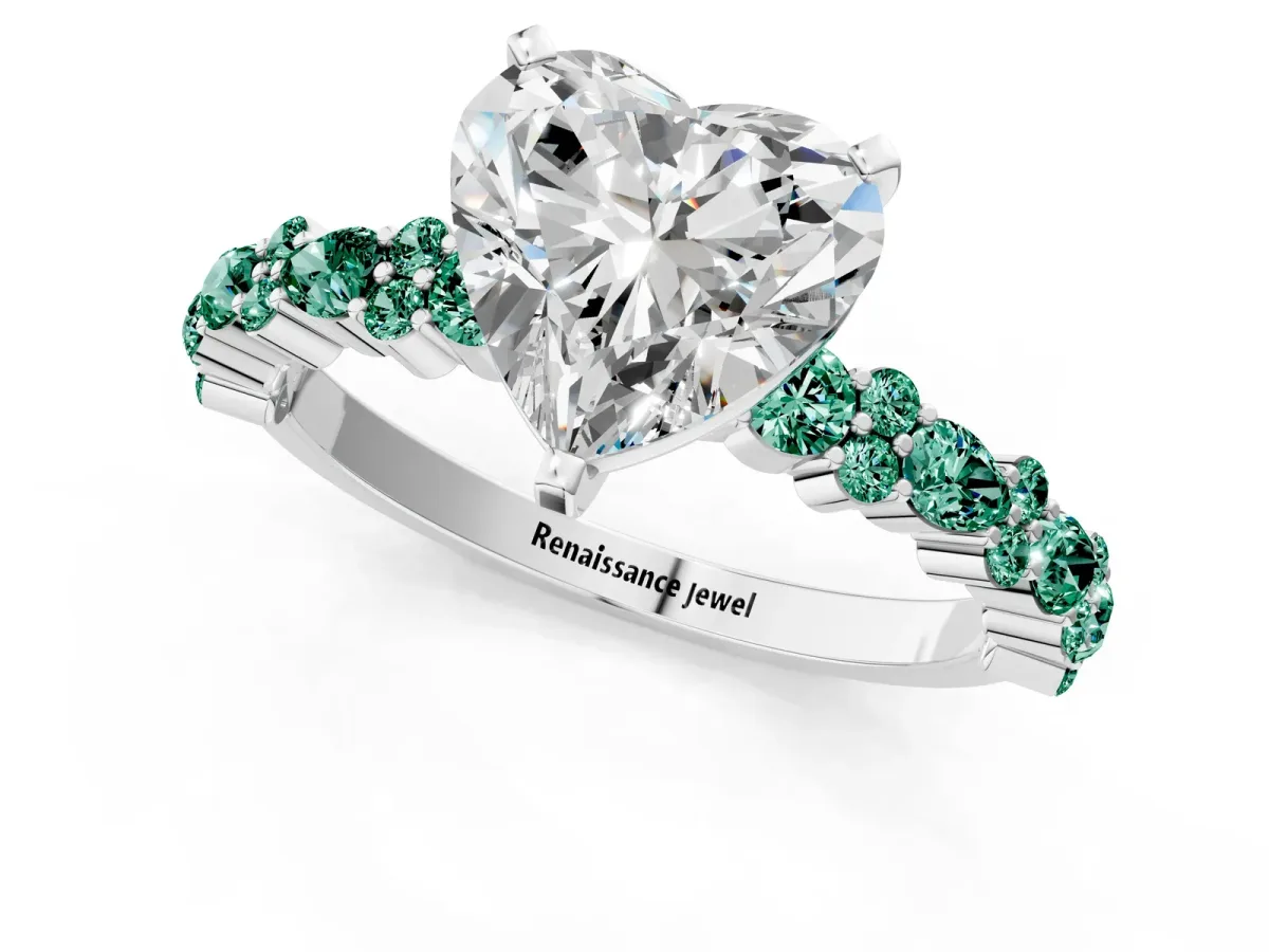 Heart Cut Diamond Side Stone Solitaire Ring with Round Green Sapphire and Four-Prong Setting Silver