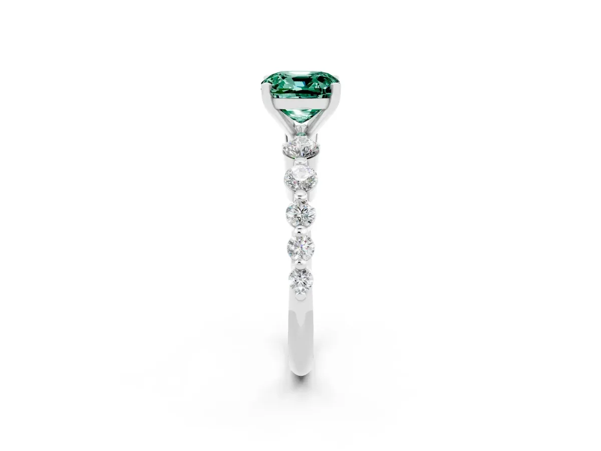 Cushion Cut Solitaire Green Sapphire Ring with Pave Band and Four-Prong Setting Silver