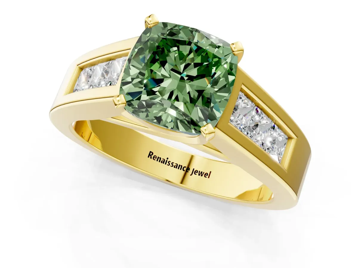 Fancy Green Cushion Cut Cut Channel Set Solitaire Ring with Four-Prong Setting Yellow gold