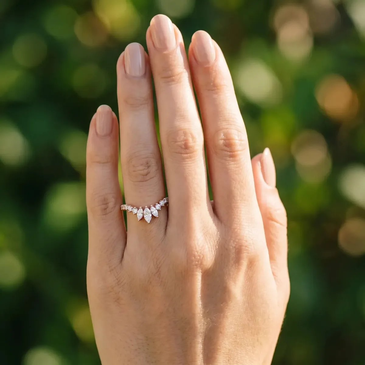Chevron Marquise and Round Diamond Open Band with Prong Setting Rose gold