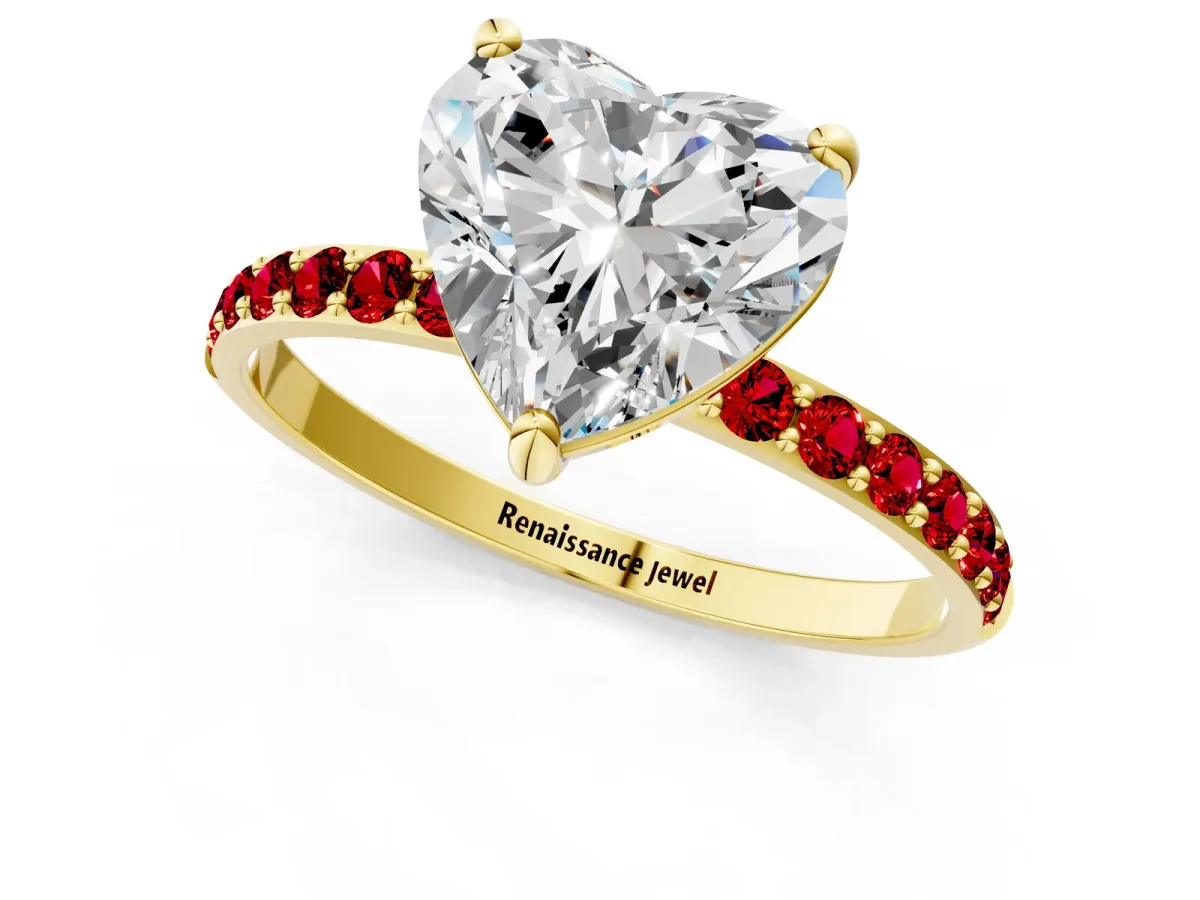 Heart Cut Diamond Solitaire Ring with Round Ruby Pavé Band and Prong Setting Yellow gold