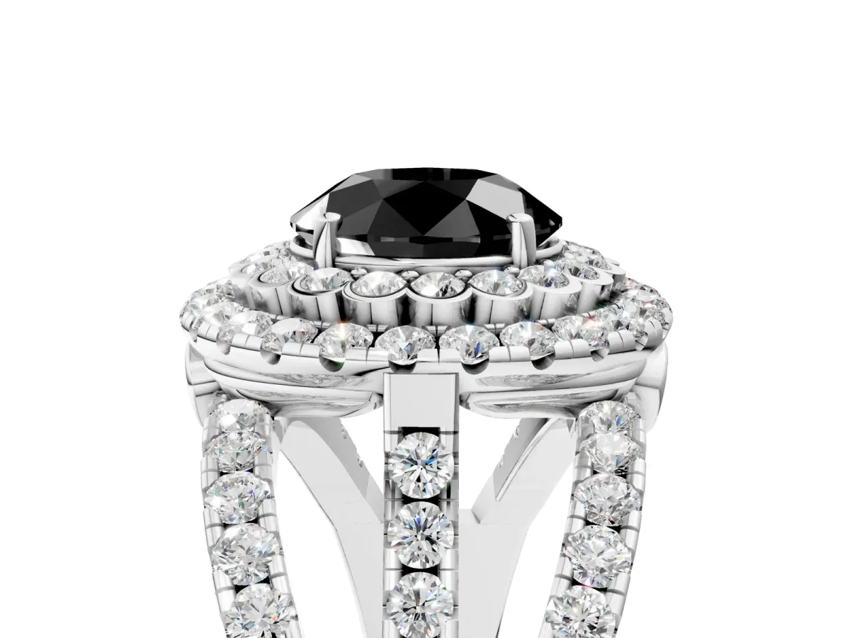 Fancy Black Round Cut Diamond Double Halo Ring with Round Pavé Split Shank and Prong Setting White gold