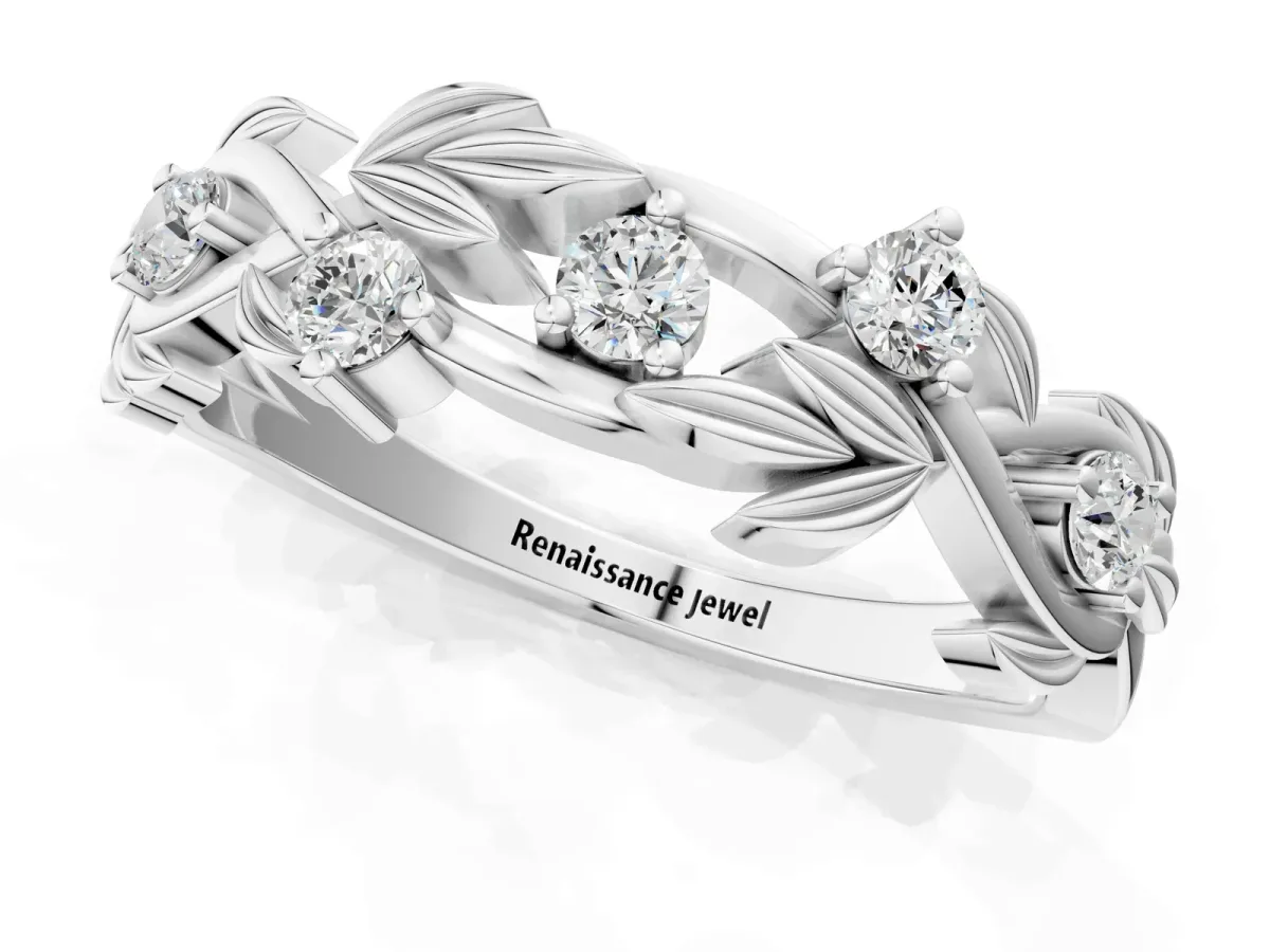 Round Diamond Leaf Motif Band with Prong Setting Platinum
