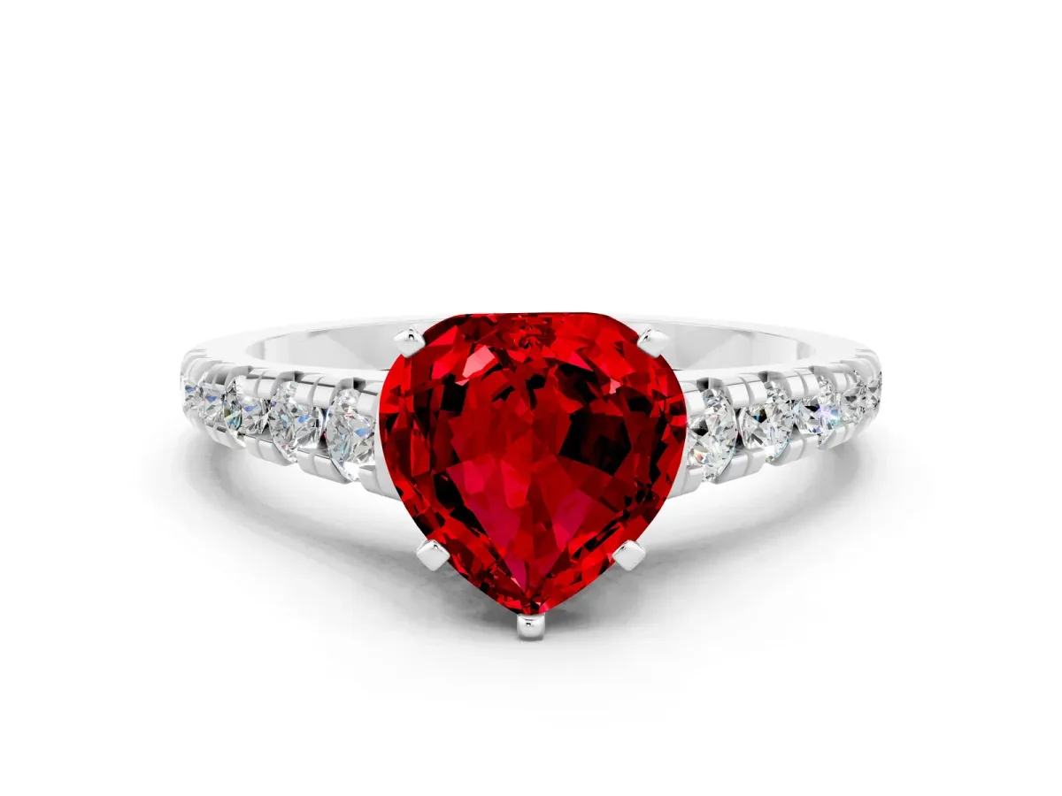 Heart Cut Ruby Cathedral Solitaire Ring with Round Pavé Band Platinum