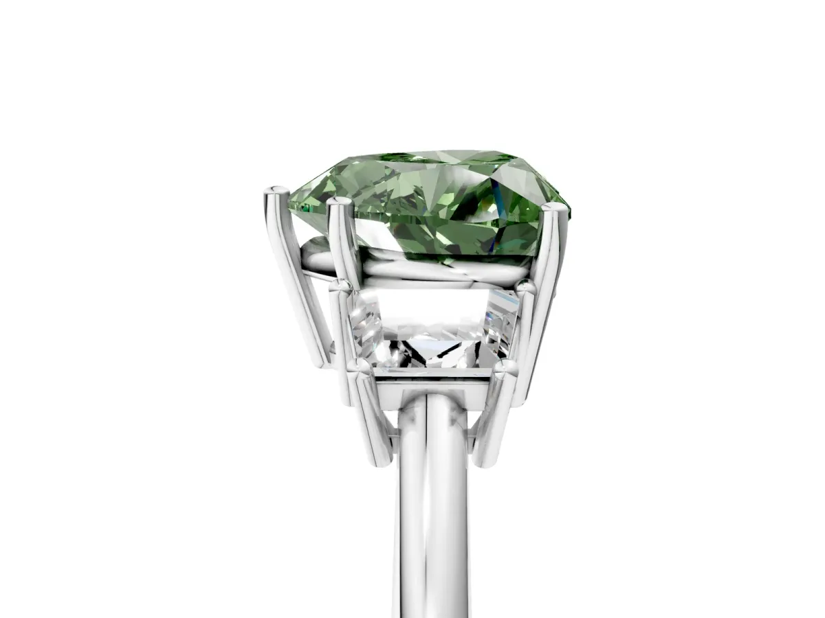 Fancy Green Heart Cut Diamond Three-Stone Ring with Trapezoid Side Stones and Prong Setting Silver