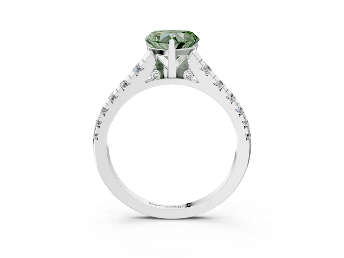 Fancy Green Heart Cut Diamond Cathedral Solitaire Ring with Round Pavé Band Silver