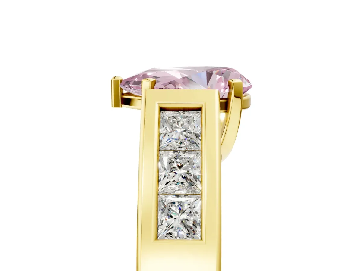 Fancy Pink Pear Cut Cut Channel Set Solitaire Ring with Four-Prong Setting Yellow gold