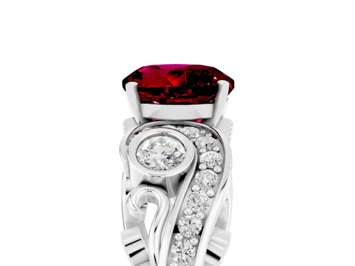 Round Cut Garnet Solitaire Ring with Milgrain Pavé Band and Four-Prong Setting Silver